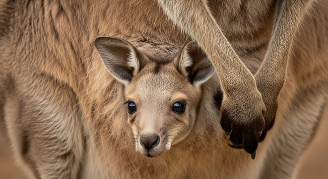 Adorable joey kangaroo peeking out from mother's pouch showing innocent curiosity and the unique bond of marsupial maternal care protecting its young