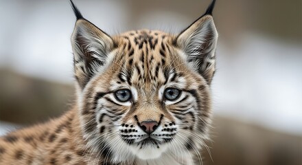 Close-up portrait of a young lynx with striking blue eyes and distinctive ear tufts looking intently into the camera in a snowy forest environment