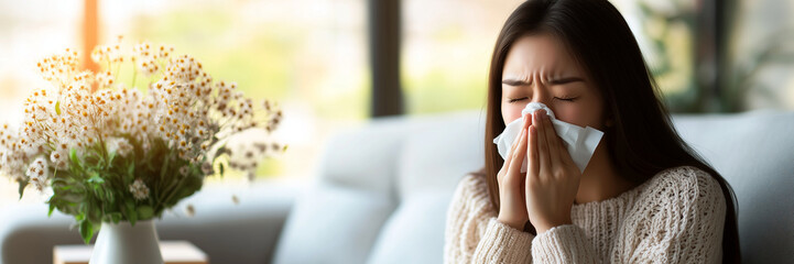 Asian woman holding tissue to her nose near vase of flowers, indicating pollen allergy, sneezing, allergic reaction, sitting woman, blooming flowers, allergy symptoms, hay fever