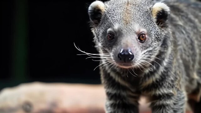 Close-up Portrait of a Binturong (Bearcat) with Striking Striped Fur and Curious Gaze
