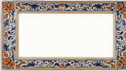 Elegant ceramic frame adorned with intricate blue and orange traditional patterns, showcasing timeless artistry and classic craftsmanship. Perfect decorative border.