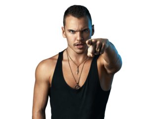 Man Pointing Forward with Intense Expression