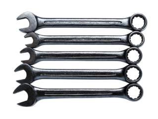 Set of five metal wrenches stacked horizontally isolated on transparent background