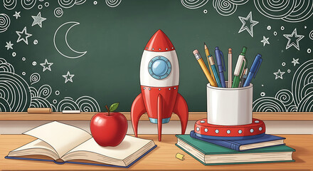 Whimsical back to school illustration, classroom objects and chalkboard drawing