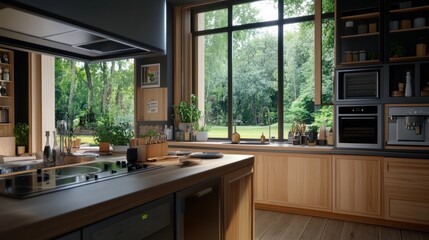 Modern Kitchen Interior with Large Window Overlooking Nature