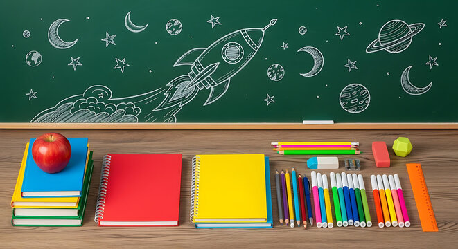 Visionary blackboard art with rocket launch surrounded by books and art supplies - Powered by Adobe
