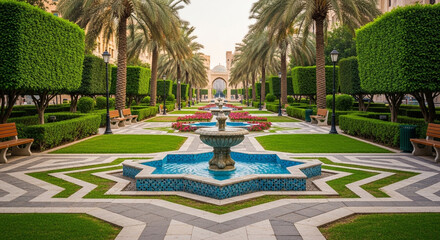 Beautiful Lush Garden with Fountain and Palm Trees Architecture Landscape
