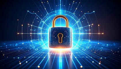 A digitally rendered, 3D lock, representing secure data, sits centered against a backdrop of glowing, interconnected lines and circles, conveying a concept of modern, technological protection.