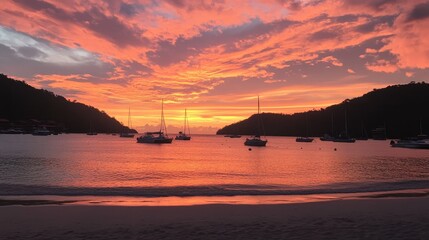 Peaceful beach scene at dusk in Patong, Phuket, with vibrant orange-pink sunset and boats floating gently on the water
