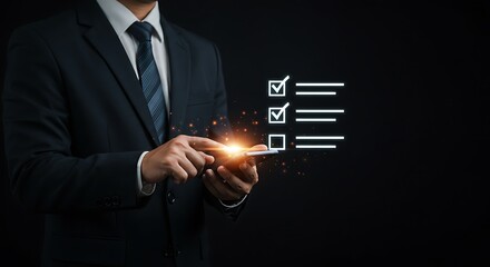 Businessman using mobile phone with checklist on a dark background.