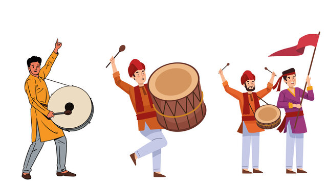 Dhol Tasha Procession Characters &ndash; Ganesh Utsav Drummers Vector Illustration for Parade & Festival Posters &ndash; Transparent Background