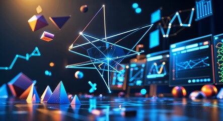 Abstract futuristic tech scene with geometric shapes and data visualizations shown