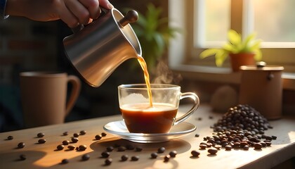 Pouring hot coffee into a clear glass cup on a rustic wooden table, surrounded by scattered roasted coffee beans, freshly ground coffee, and a vintage geyser coffee maker. Soft morning light filters 