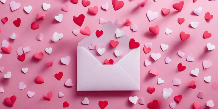 Pink envelope filled with falling paper hearts (1)