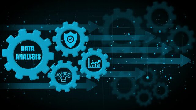 Data analysis gears with security graph and workflow icons symbolizing business intelligence and