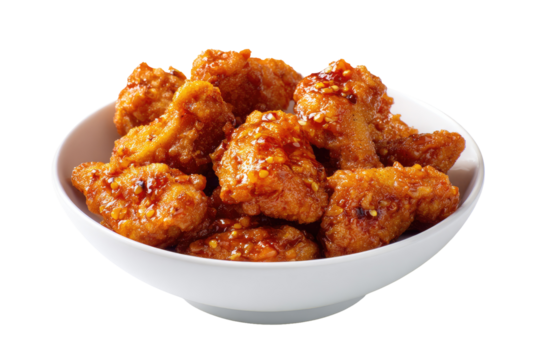Crispy, golden-brown chicken pieces, glazed with a sweet-spicy sauce, nestled in a white bowl