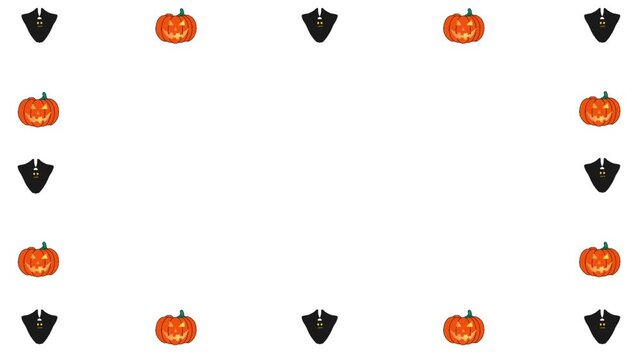 Halloween Jack O&rsquo;Lantern pumpkins and spooky bats forming frame and corner background animation. Perfect looping design for holiday videos, party invitations, motion graphics, or eerie decorations.