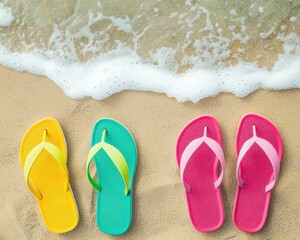 Fototapeta premium Colorful flip-flops resting on sandy beach, with gentle waves lapping at the shore, evoking a relaxed summer vibe.