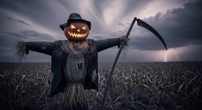 Photo of scarecrow with pumpkin head in a field - Powered by Adobe