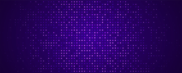 Abstract tech pixel background. Finance grid. Digital frame. Glowing purple squares on dark banner. Business bg. Blue mosaic. Futuristic, tech-style template. Vector Illustration