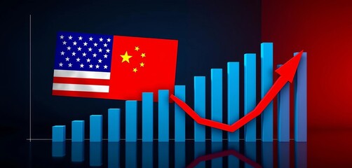 Decreasing bar graph with superimposed USA and China flags, illustrating economic downturn, tariff, graph