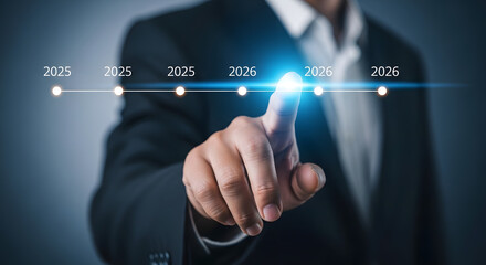 Businessman points to a futuristic timeline with glowing data points