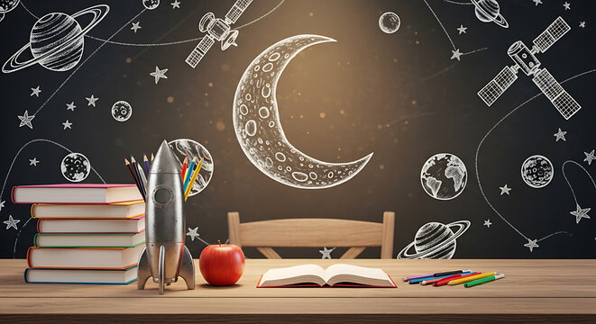 Dreamy celestial classroom chalkboard with books and vintage rocket model