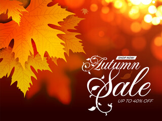 Clean vector image of falling autumn leaves and the words Autumn Sale, with a discount offer, useful for marketing promotions.