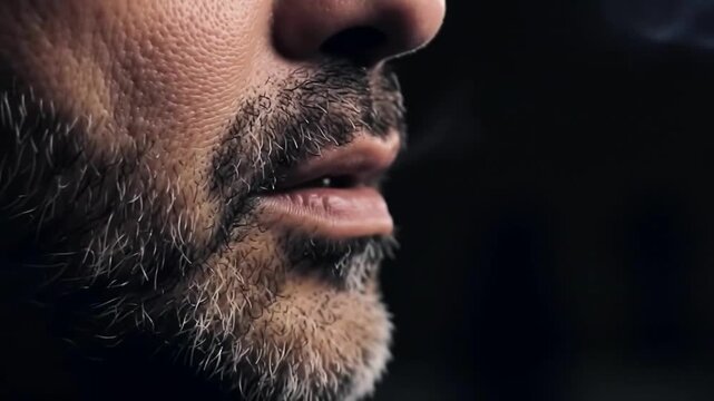 Cinematic Macro Close-Up of Man Smoking Cigarette with Glowing Ember and Swirling Smoke &ndash; Seamless Loop