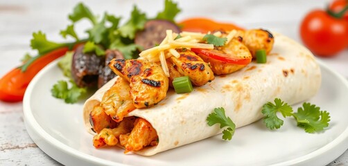 Grilled chicken fajita wrap with veggies & cheese on white background,  cooking,  food photography