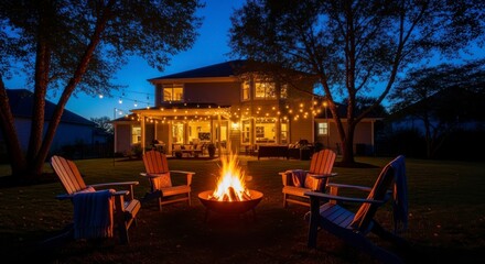 A twilight backyard scene with a blazing fire pit at the center, surrounded by stylish Adirondack chairs. The house in the background has glowing windows and a patio with string lights overhead.