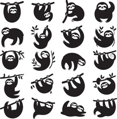 Obraz premium Collection of 16 black silhouette illustrations of sloths hanging on branches animal animals