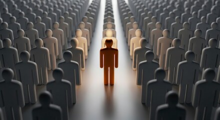 Obraz premium Rows of identical white figurines facing forward, with a single orange figurine placed prominently among them
