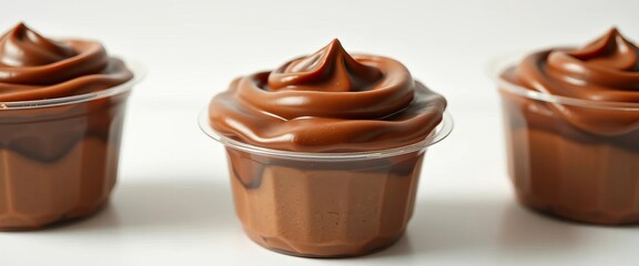Obraz premium Rich chocolate cream dessert in a clear plastic cup against a white backdrop, product shot, container