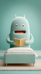 Obraz premium A cute cartoon monster reads a bedtime story in this whimsical 3D illustration for kids.