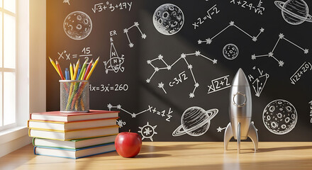Educational setup showcasing a rocket, books, blackboard with science symbols
