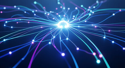 Abstract glowing central node with radiating light trails, symbolizing data, AI, and digital connectivity.