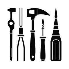 Collection of silhouetted hand tools for crafting and repair