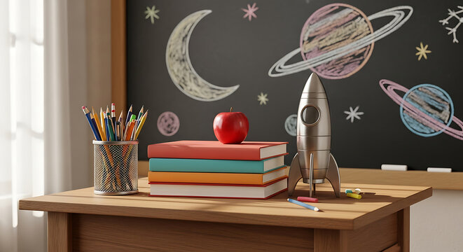 Educational backdrop featuring desk laden with books, rocket, planets and