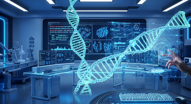 A futuristic laboratory setting with a glowing DNA helix and digital displays, showcasing advanced genetic research.