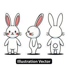 Set of a cute cartoon rabbit in various views. Front, side, and back pose for character design.