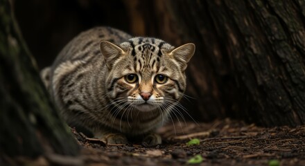 Naklejka premium Alert Striped Wildcat Crouching Brown Forest Ground Looking Ahead