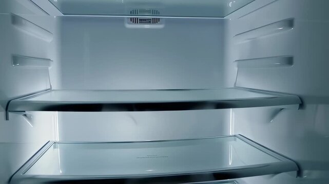 Clean refrigerator interior shows empty shelves and bright, clear lighting, ideal for organizing and planning meals at home