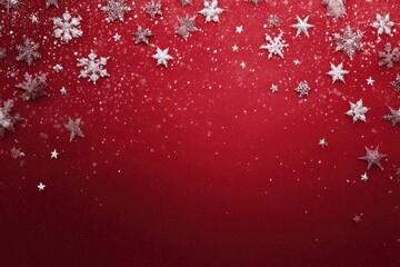 Festive red background adorned with silver snowflakes and stars