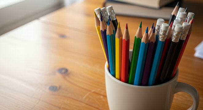 Colorful Pencils and Graphite Pencils in a White Mug.
