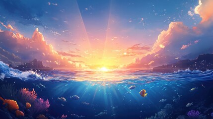 Fototapeta premium A serene seascape at sunrise, with coral reefs and fish.