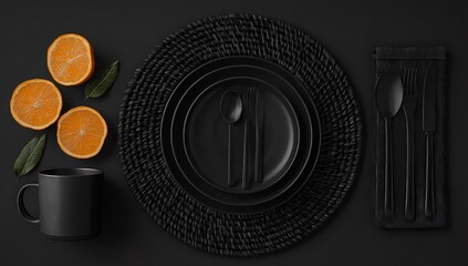 Black Table Setting with Orange Fruit and Cutlery