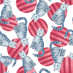 Playful gray tabby cats, textured red circles on white background. Seamless watercolor pattern isolated on white. Fun, hand-painted design ideal for apparel, accessories, wrapping paper, creative