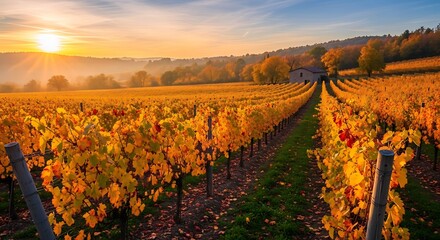 Photo of vineyard in autumn at sunset