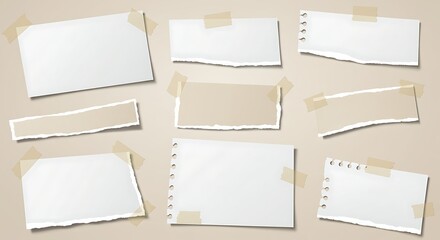 Assorted White Torn Paper Pieces with Beige Tape on Neutral Background